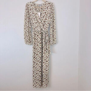 Gracemade Boho Ditsy Floral Long Sleeve Wrap Maxi Dress Cream Red Cottagecore